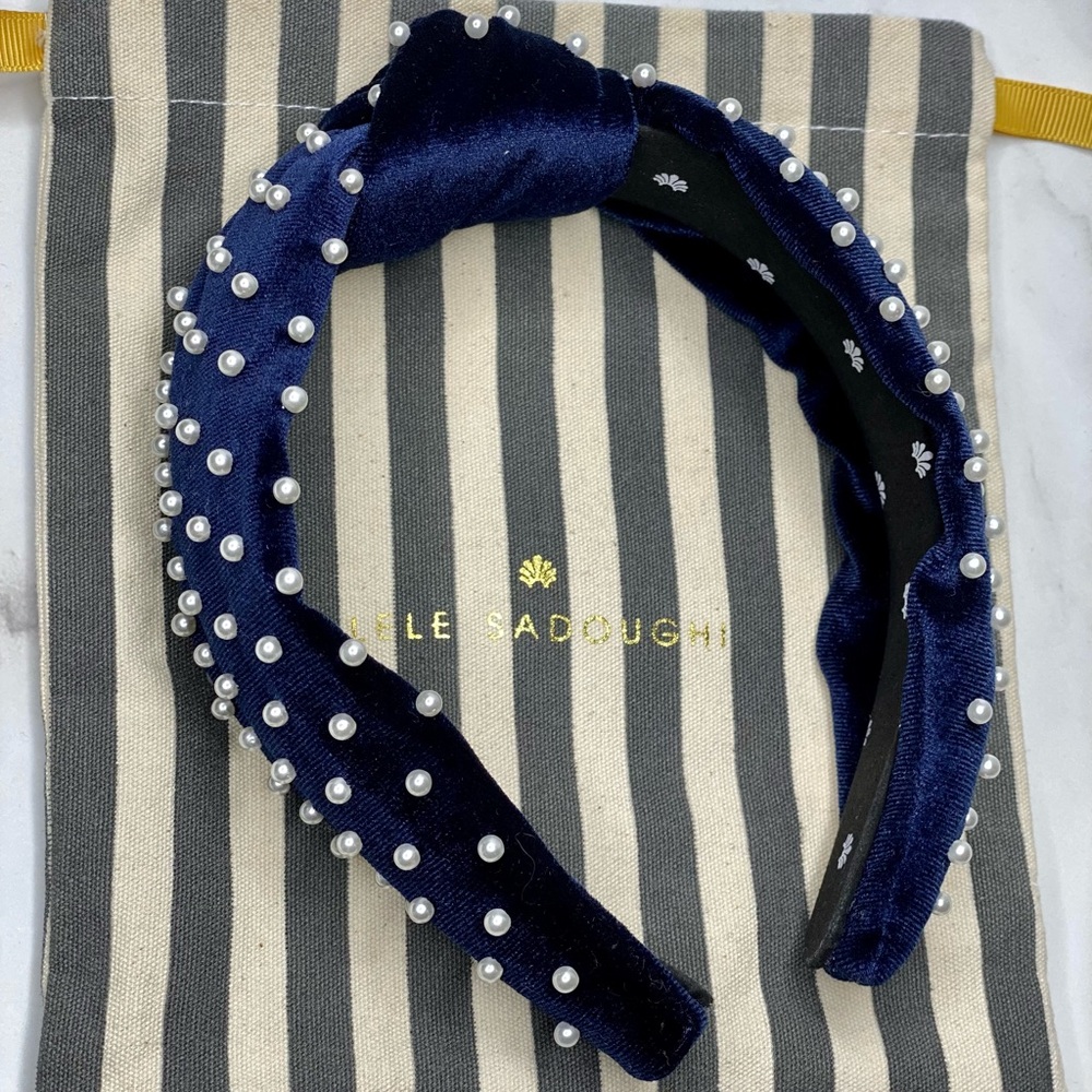 Lele Sadoughi x JCrew Navy Pearl Velvet Topknot Headband with dust bag.